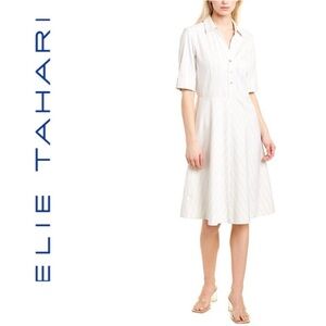 Elie Tahari Contemporary Cream Striped Button Short Sleeve Flared Dress Summer